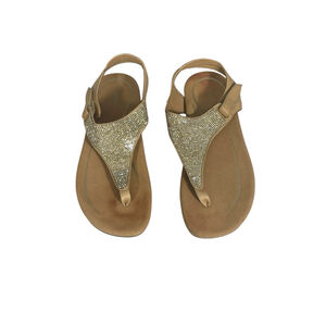 Size 8.5 Aetrex Kelly orthotic thong sandal ankle strap Beige Tan Nude tan gold